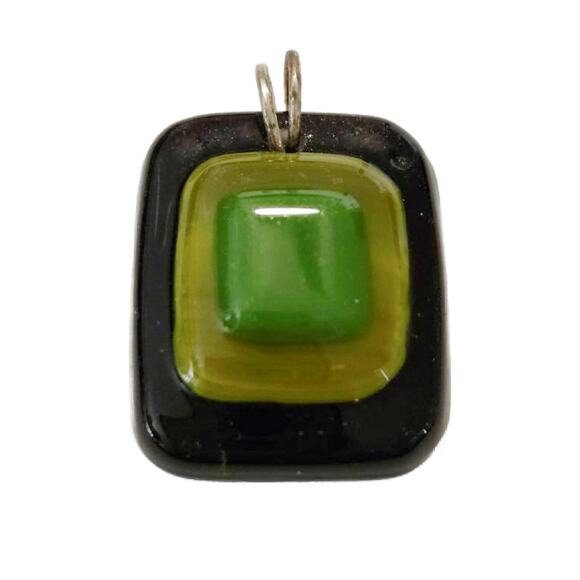 Vintage Black and Green Fused Glass Pendant, 1.25" Long - Picture 1 of 11